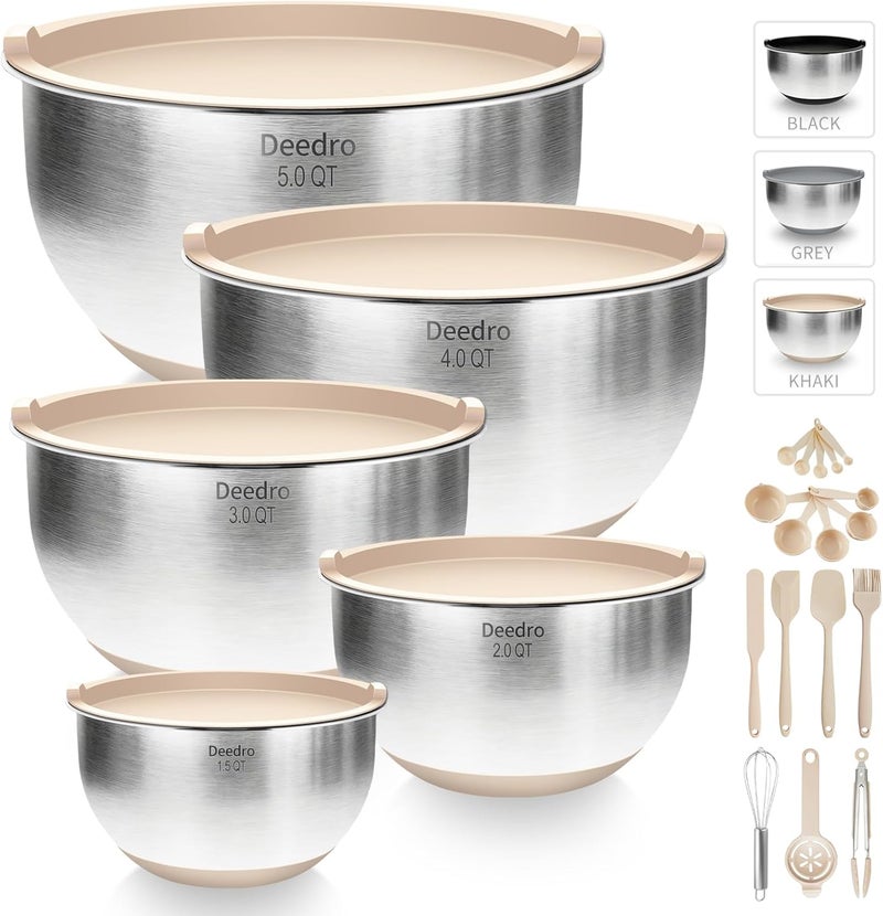 Deedro Premium Mixing Bowls with Airtight Lids Set, 22Pcs Thicker Stainless Steel Mixing Bowl Set, Large Prep Metal Bowls, Non-Slip Silicone Base Nesting Bowls for Kitchen, 1.5/2/3/4/5 QT, Khaki - Image 1